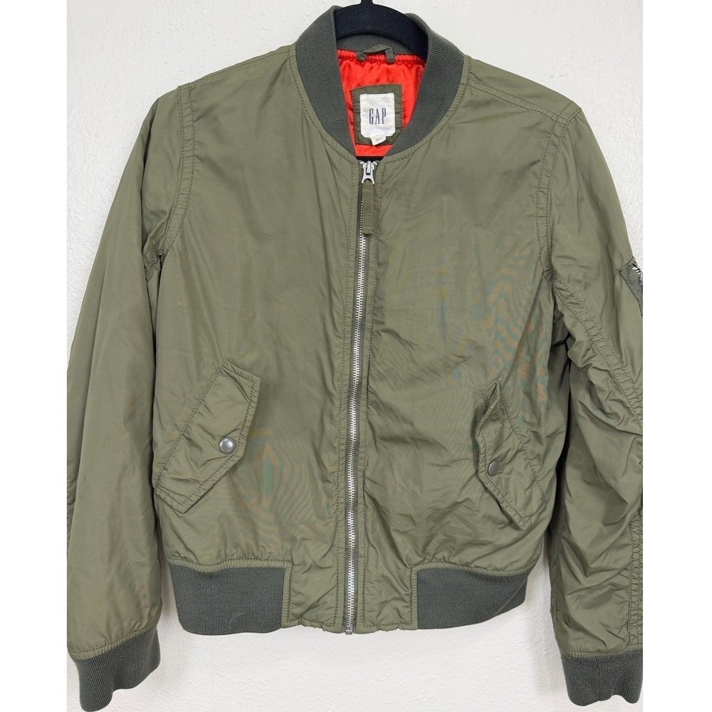 GAP Olive Green MA-1 Flight Bomber Jacket Safety Orange Lining Women's XS